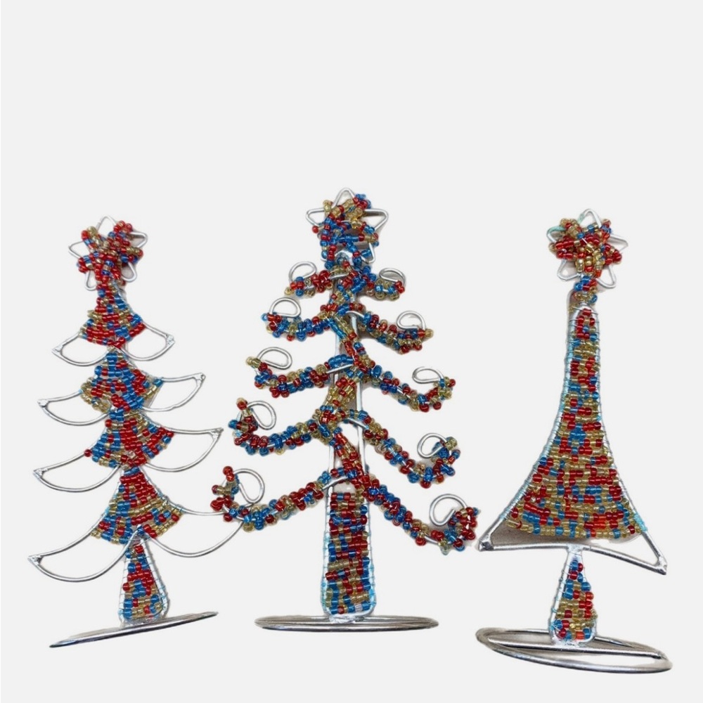 NIB Pier 1 Set of Three Beaded Christmas Tree Photo Notecard Holder